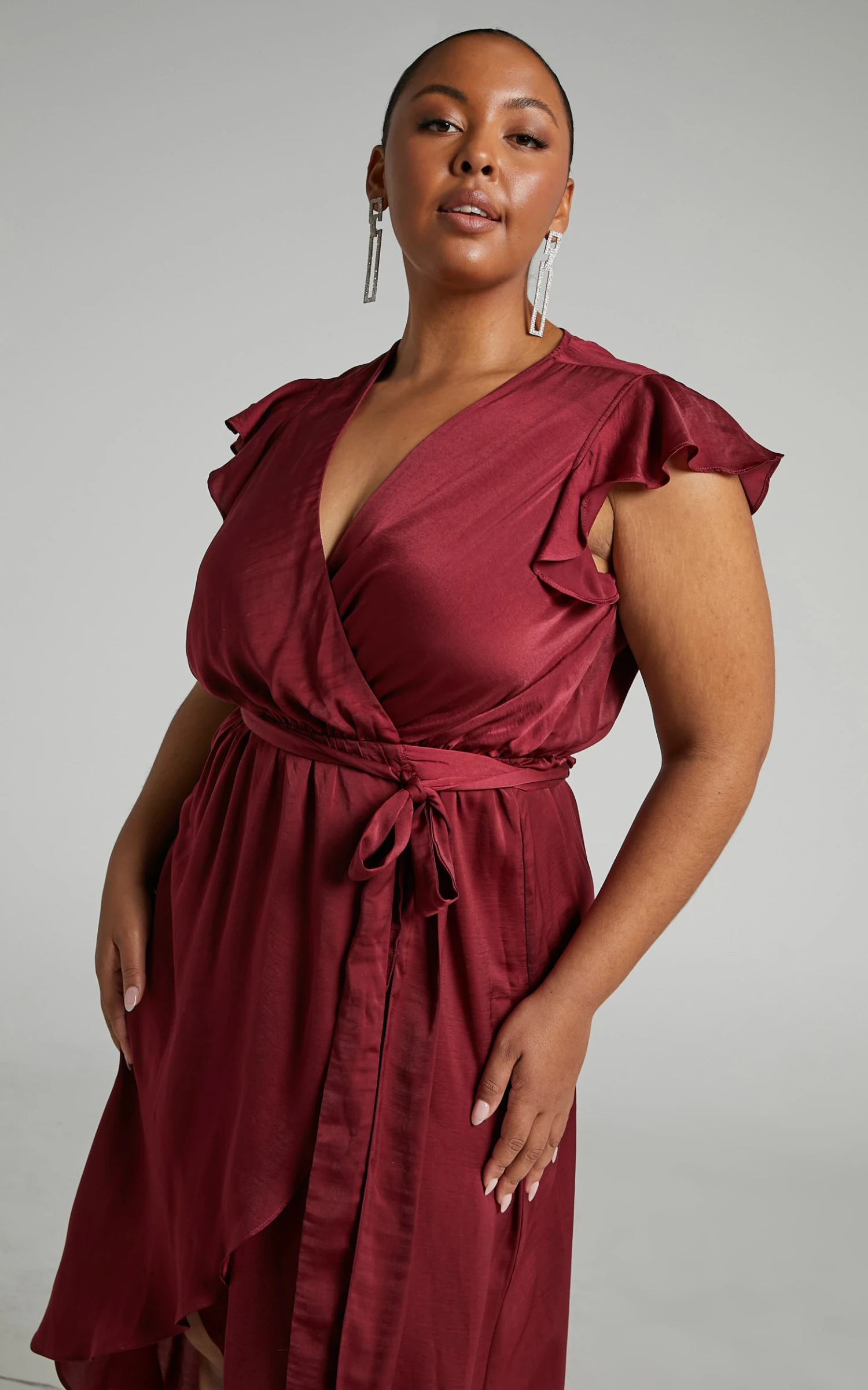 Showpo Novera Frill Sleeve Wrap Midi Dress In Wine 5 Showpo Novera Frill Sleeve Wrap Midi Dress In Wine - Image 5