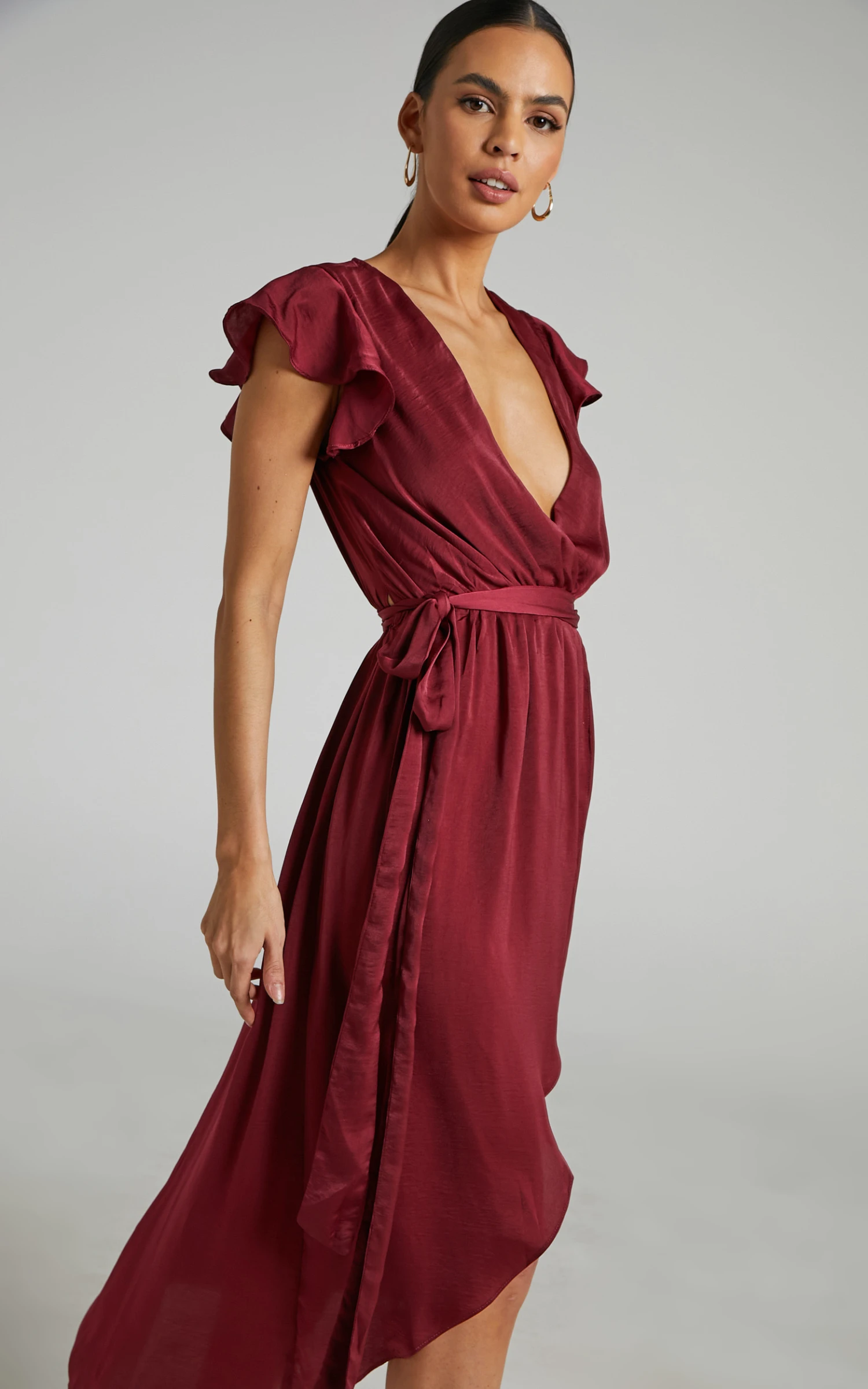 Showpo Novera Frill Sleeve Wrap Midi Dress In Wine 2 Showpo Novera Frill Sleeve Wrap Midi Dress In Wine - Image 2