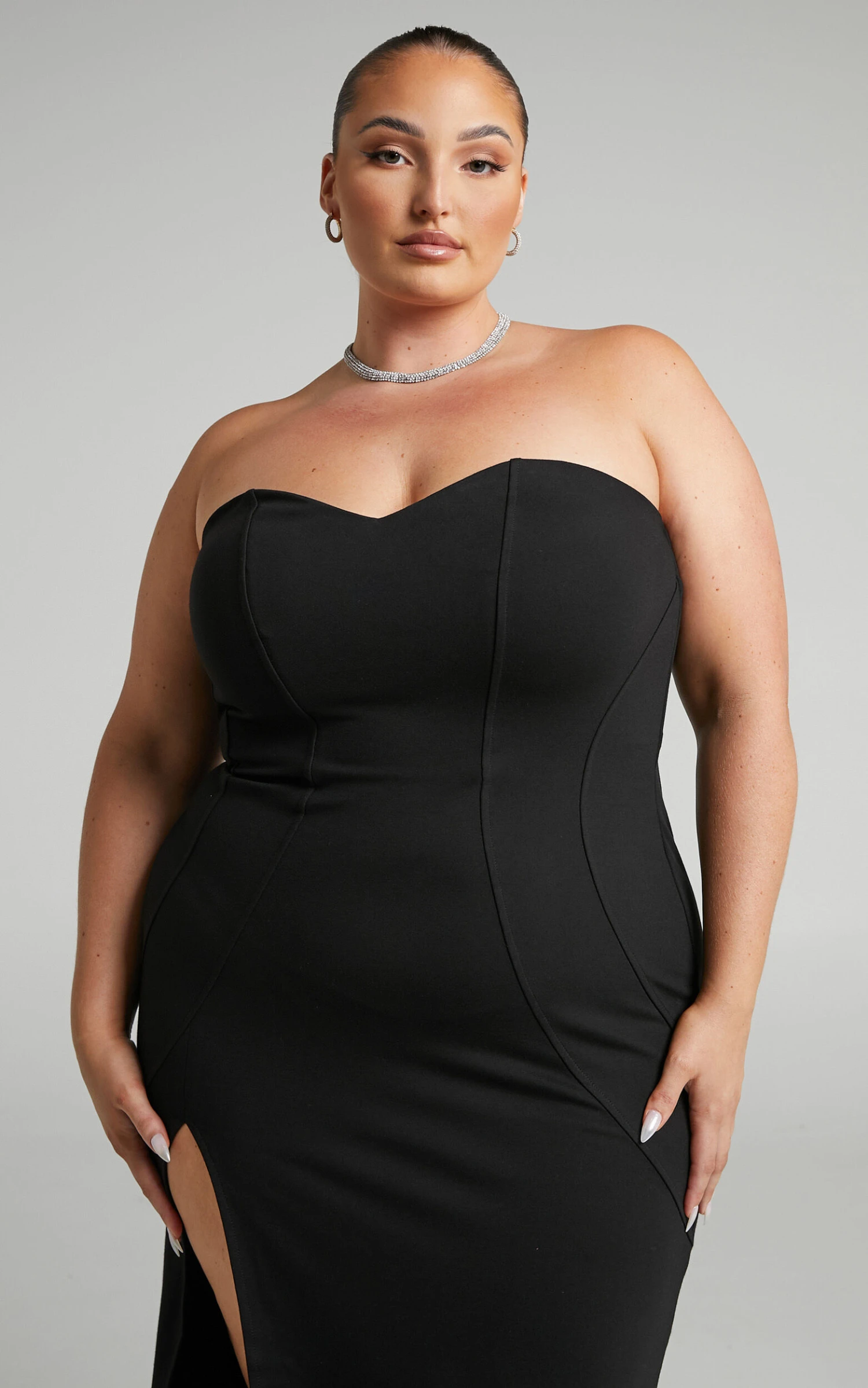 Showpo Oriella Panelled Thigh Split Strapless Maxi Dress In Black 6 Showpo Oriella Panelled Thigh Split Strapless Maxi Dress In Black - Image 6