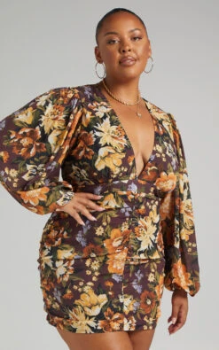 Showpo Latiana Ruched Plunge Neck Mini Dress In Indulgent Bloom -Showpo Women's Clothing Store PARIS X LUCY X ANTHONY 1.12.2156363