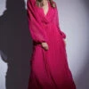 Showpo Palatine Long Sleeve Wrap Pleated Maxi Dress In Pink