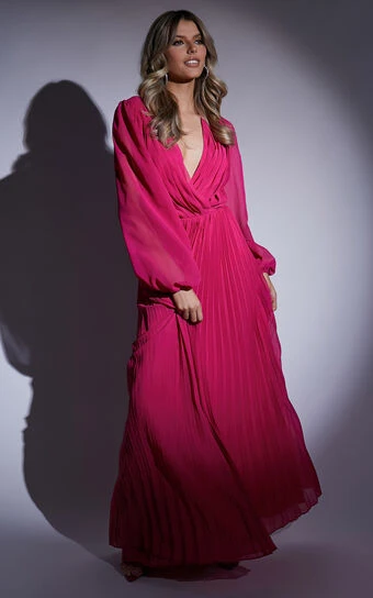 Showpo Palatine Long Sleeve Wrap Pleated Maxi Dress In Pink 1 Showpo Palatine Long Sleeve Wrap Pleated Maxi Dress In Pink