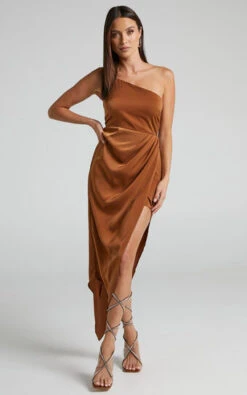 Showpo Parker Asymmetric Drape Front One Shoulder Maxi Dress In Bronze