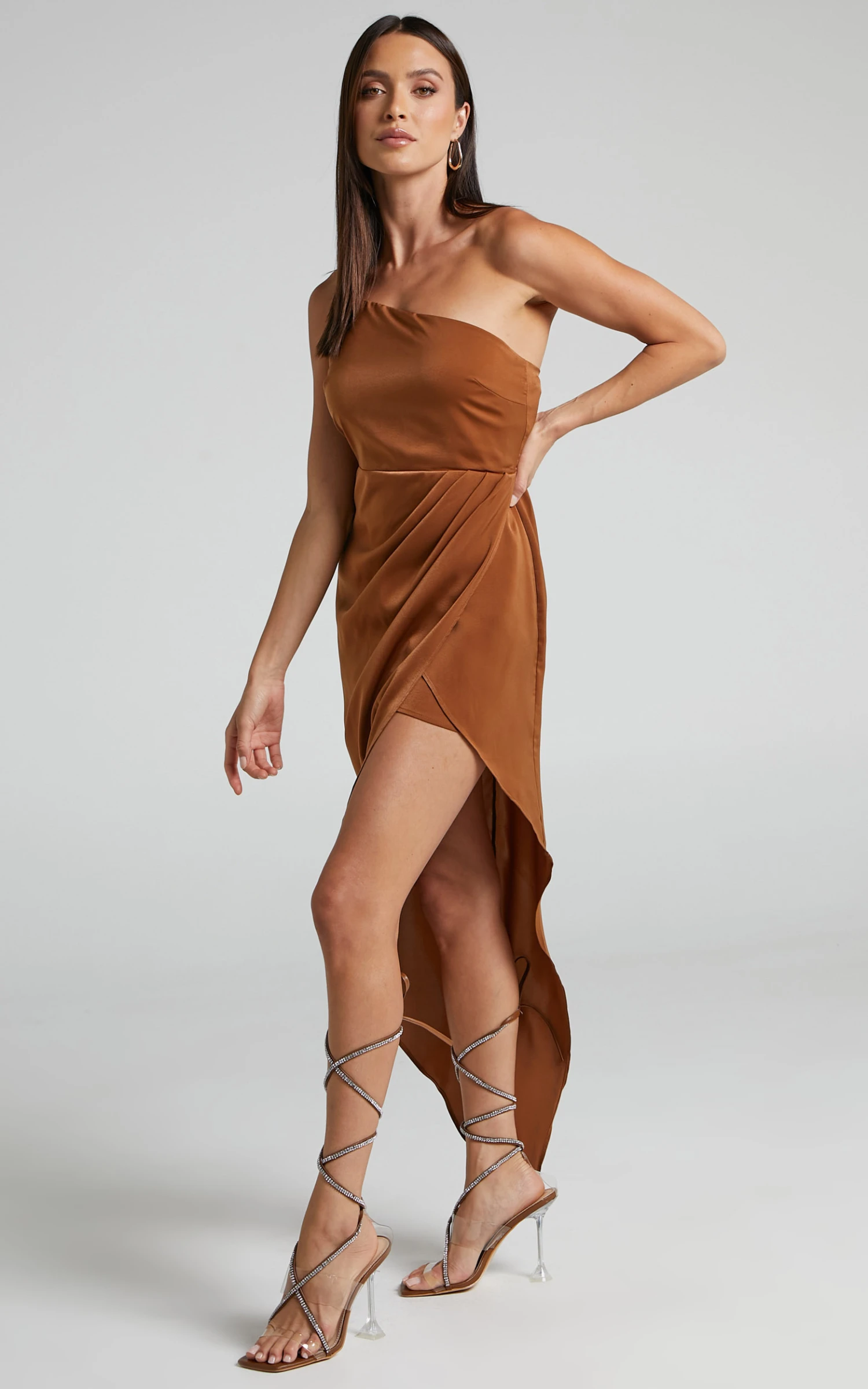 Showpo Parker Asymmetric Drape Front One Shoulder Maxi Dress In Bronze 3 Showpo Parker Asymmetric Drape Front One Shoulder Maxi Dress In Bronze - Image 3