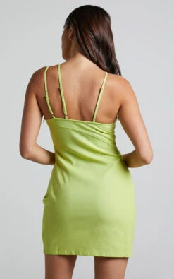 Showpo Patchico Split Bust Bodycon Mini Dress In Lime Linen Look -Showpo Women's Clothing Store Patchico Split Bust Bodycon Mini Dress in Lime Linen Look 5
