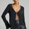Showpo Perly Crinkle Tie Front Long Sleeve Blouse In Black
