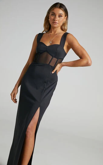 Showpo Perrie Mesh Corset Maxi Dress In Black