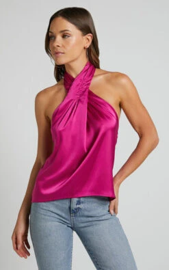 Showpo Perry Top - Halter Neck Twist Top In Magenta