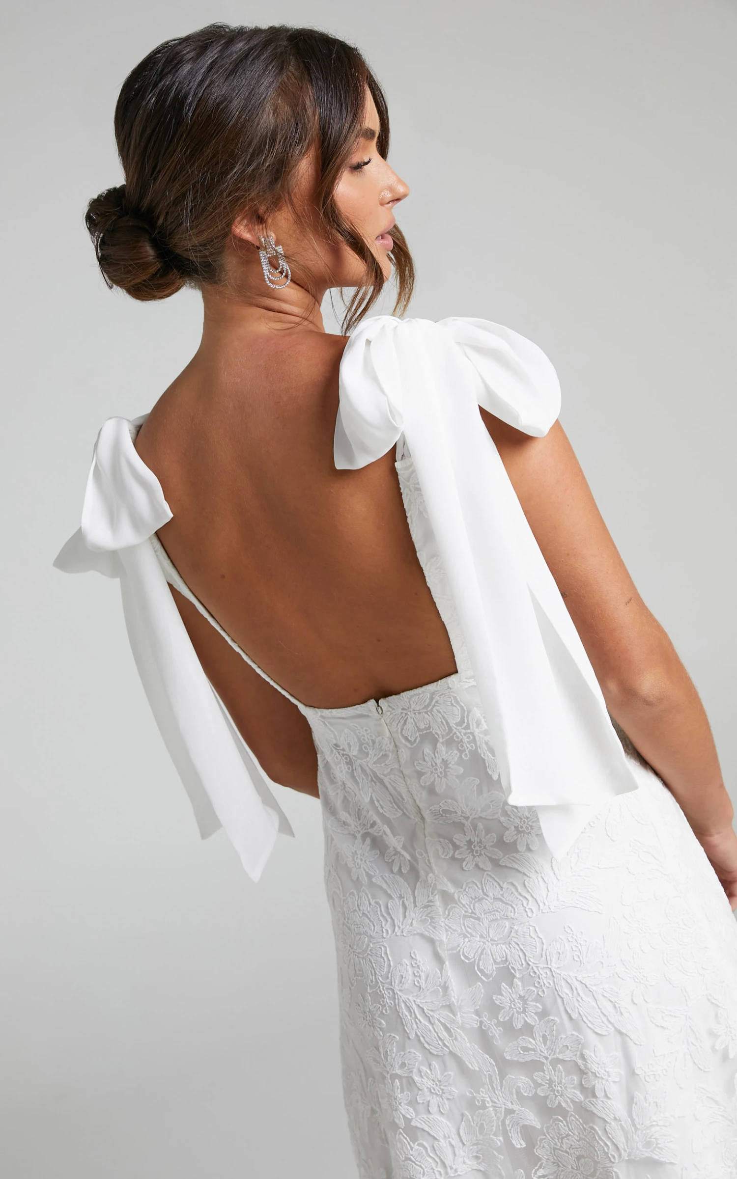 Showpo Petunia Tie Shoulder Plunge Neck Lace Gown In Ivory - Image 3