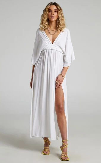 Showpo Phillipha Underbust Tie Angel Sleeve Maxi Dress In White 1 Showpo Phillipha Underbust Tie Angel Sleeve Maxi Dress In White