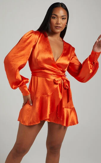 Showpo Francille Long Sleeve Wrap Mini Dress In Orange 1 Showpo Francille Long Sleeve Wrap Mini Dress In Orange