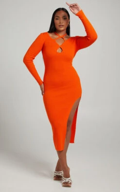 Showpo Vallery Ribbed Long Sleeve Halter Neck Midi Dress In Orange