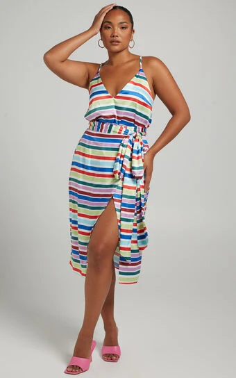 Showpo Lejia Wrap Midi Skirt With Belt Tie In Multi Stripe Satin 1 Showpo Lejia Wrap Midi Skirt With Belt Tie In Multi Stripe Satin