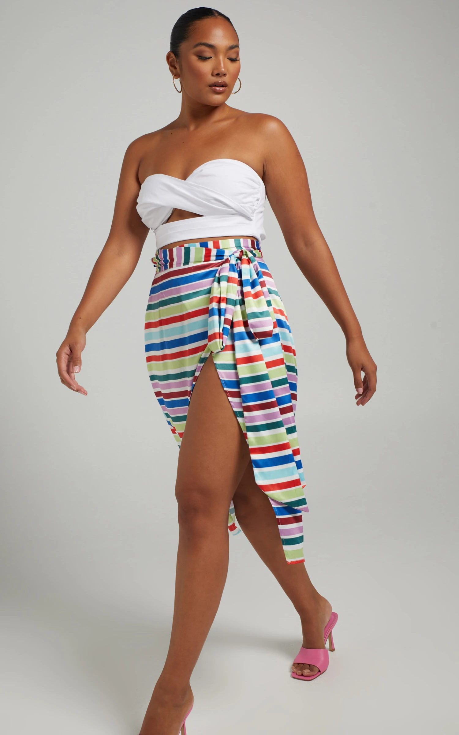 Showpo Lejia Wrap Midi Skirt With Belt Tie In Multi Stripe Satin 7 Showpo Lejia Wrap Midi Skirt With Belt Tie In Multi Stripe Satin - Image 7