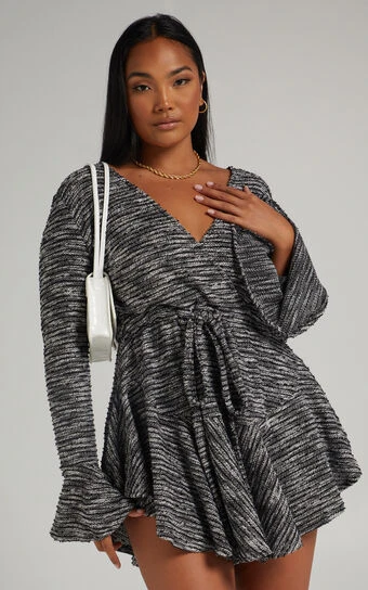 Showpo Thea Wrap Front Bell Sleeve Mini Dress In Multi 1 Showpo Thea Wrap Front Bell Sleeve Mini Dress In Multi