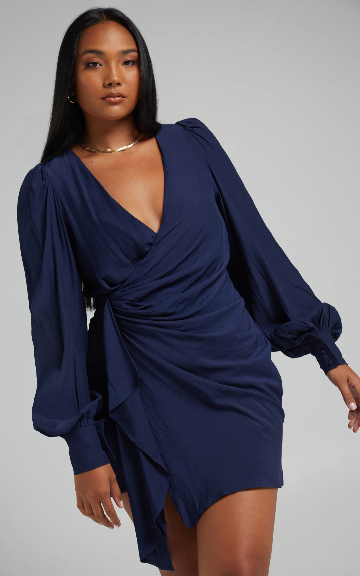 Showpo Bellefleur Faux Wrap Mini Dress In Navy 3 Showpo Bellefleur Faux Wrap Mini Dress In Navy - Image 3