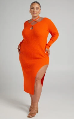 Showpo Vallery Ribbed Long Sleeve Halter Neck Midi Dress In Orange -Showpo Women's Clothing Store RILEY X LUCY X ANTHONY 26.11.2153341