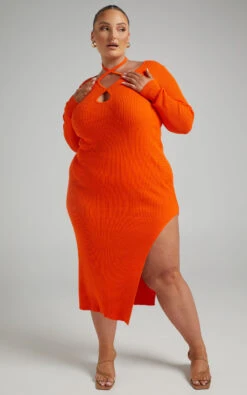 Showpo Vallery Ribbed Long Sleeve Halter Neck Midi Dress In Orange -Showpo Women's Clothing Store RILEY X LUCY X ANTHONY 26.11.2153389