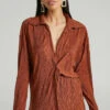 Showpo Rosamund Relaxed Button Up Crinkle Shirt In Clay