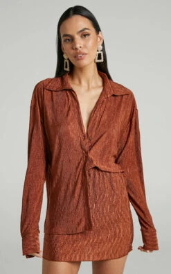 Showpo Rosamund Relaxed Button Up Crinkle Shirt In Clay