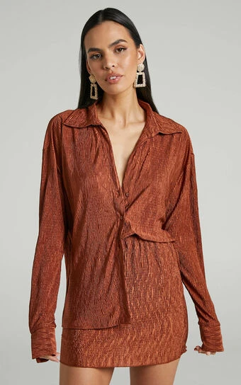 Showpo Rosamund Relaxed Button Up Crinkle Shirt In Clay 1 Showpo Rosamund Relaxed Button Up Crinkle Shirt In Clay