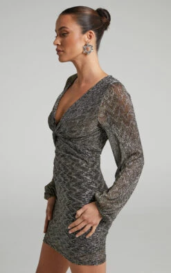 Showpo Ramina Geo Lurex Twist Detail Long Sleeve Bodycon Mini Dress In Black/ Gold 9 Showpo Ramina Geo Lurex Twist Detail Long Sleeve Bodycon Mini Dress In Black/ Gold -Showpo Women's Clothing Store Ramina Twist Detail Long Sleeve Bodycon Mini Dress in Black Gold 2528SD22080002022529 4