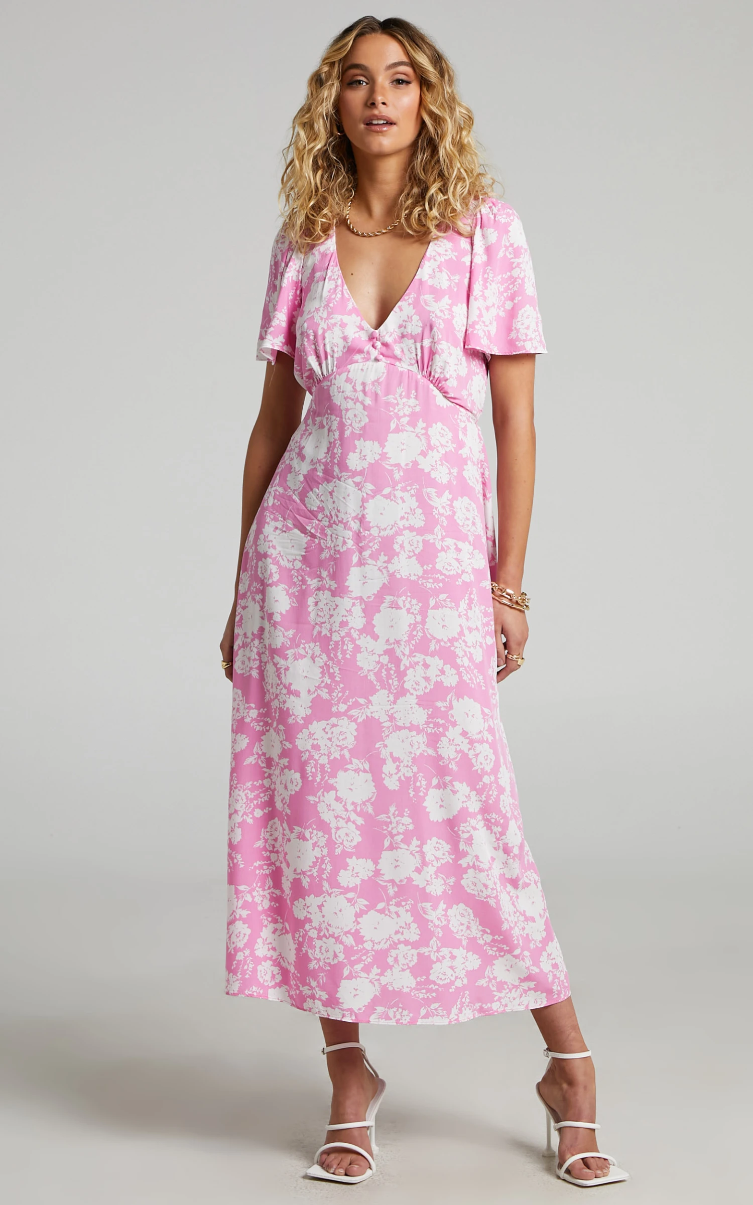 Showpo Ranella Button Front Midi Dress In Pink Floral 3 Showpo Ranella Button Front Midi Dress In Pink Floral - Image 3