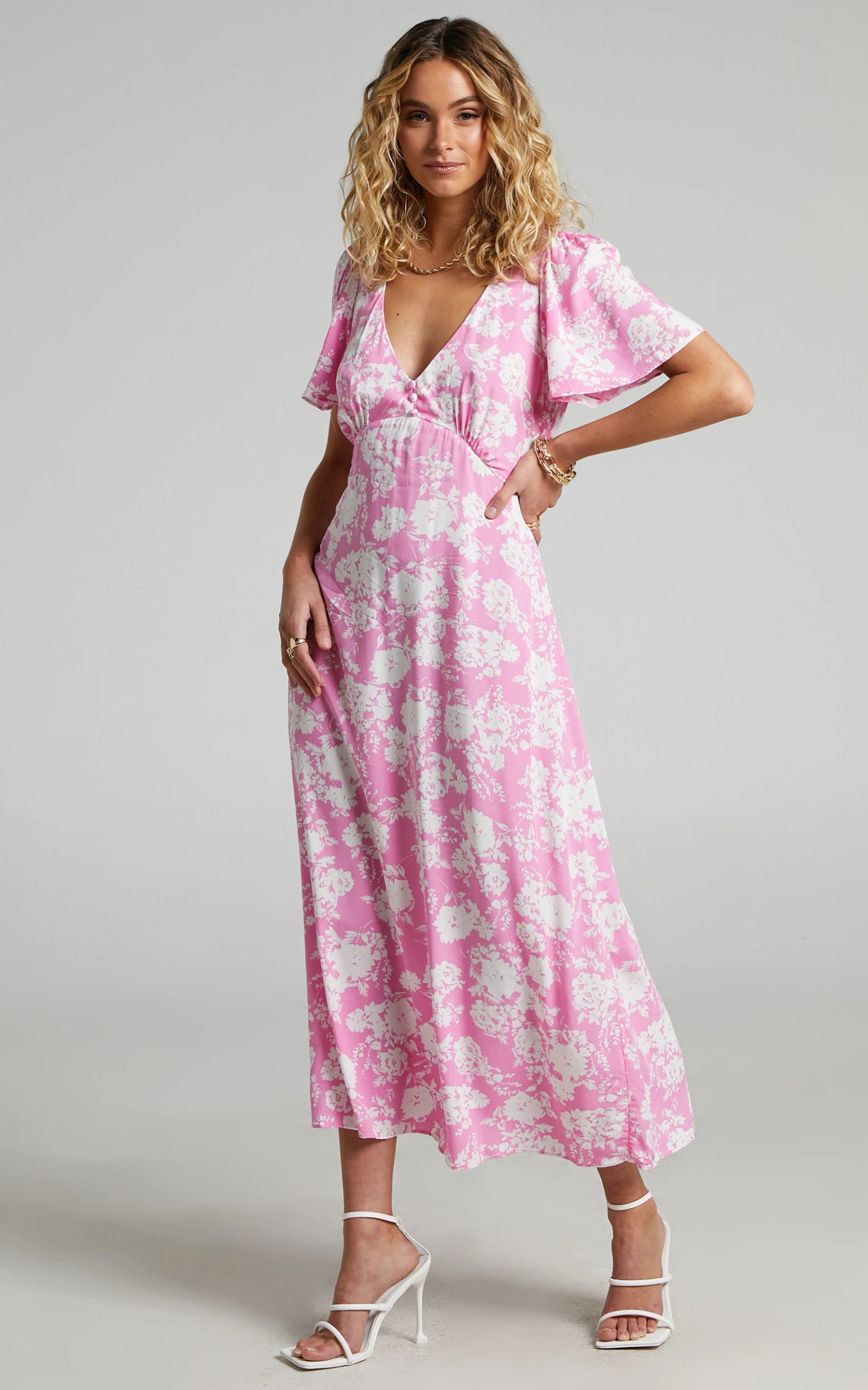 Showpo Ranella Button Front Midi Dress In Pink Floral 2 Showpo Ranella Button Front Midi Dress In Pink Floral - Image 2