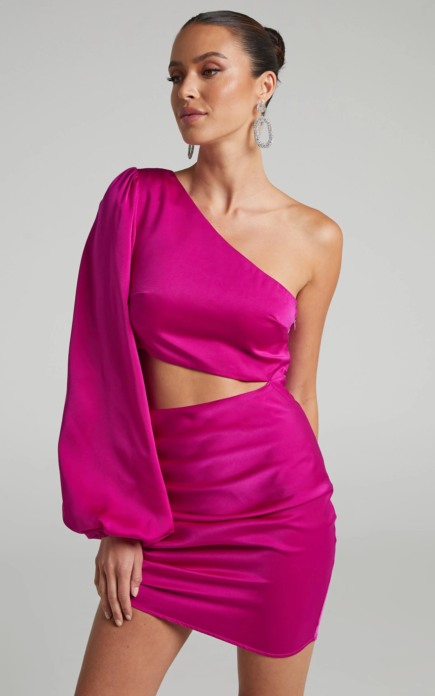 Showpo Rayanna One Shoulder Long Sleeve Cut Out Mini Dress In Fuchsia - Image 2