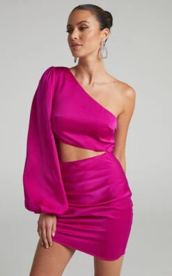 Showpo Rayanna One Shoulder Long Sleeve Cut Out Mini Dress In Fuchsia