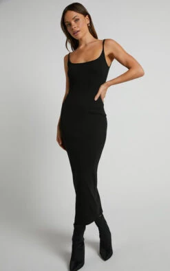 Showpo Reyneth Low Back Bodycon Rib Midi Dress In Black