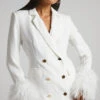 Showpo Rhaiza Mini Dress - Faux Feather Trim Double Breasted Blazer Dress In White