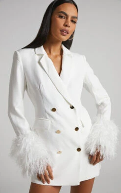 Showpo Rhaiza Mini Dress - Faux Feather Trim Double Breasted Blazer Dress In White
