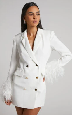 Showpo Rhaiza Mini Dress - Faux Feather Trim Double Breasted Blazer Dress In White 13 Showpo Rhaiza Mini Dress - Faux Feather Trim Double Breasted Blazer Dress In White -Showpo Women's Clothing Store Rhaiza Faux Feather Trim Blazer Dress in White 2