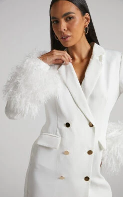 Showpo Rhaiza Mini Dress - Faux Feather Trim Double Breasted Blazer Dress In White 12 Showpo Rhaiza Mini Dress - Faux Feather Trim Double Breasted Blazer Dress In White -Showpo Women's Clothing Store Rhaiza Faux Feather Trim Blazer Dress in White 7