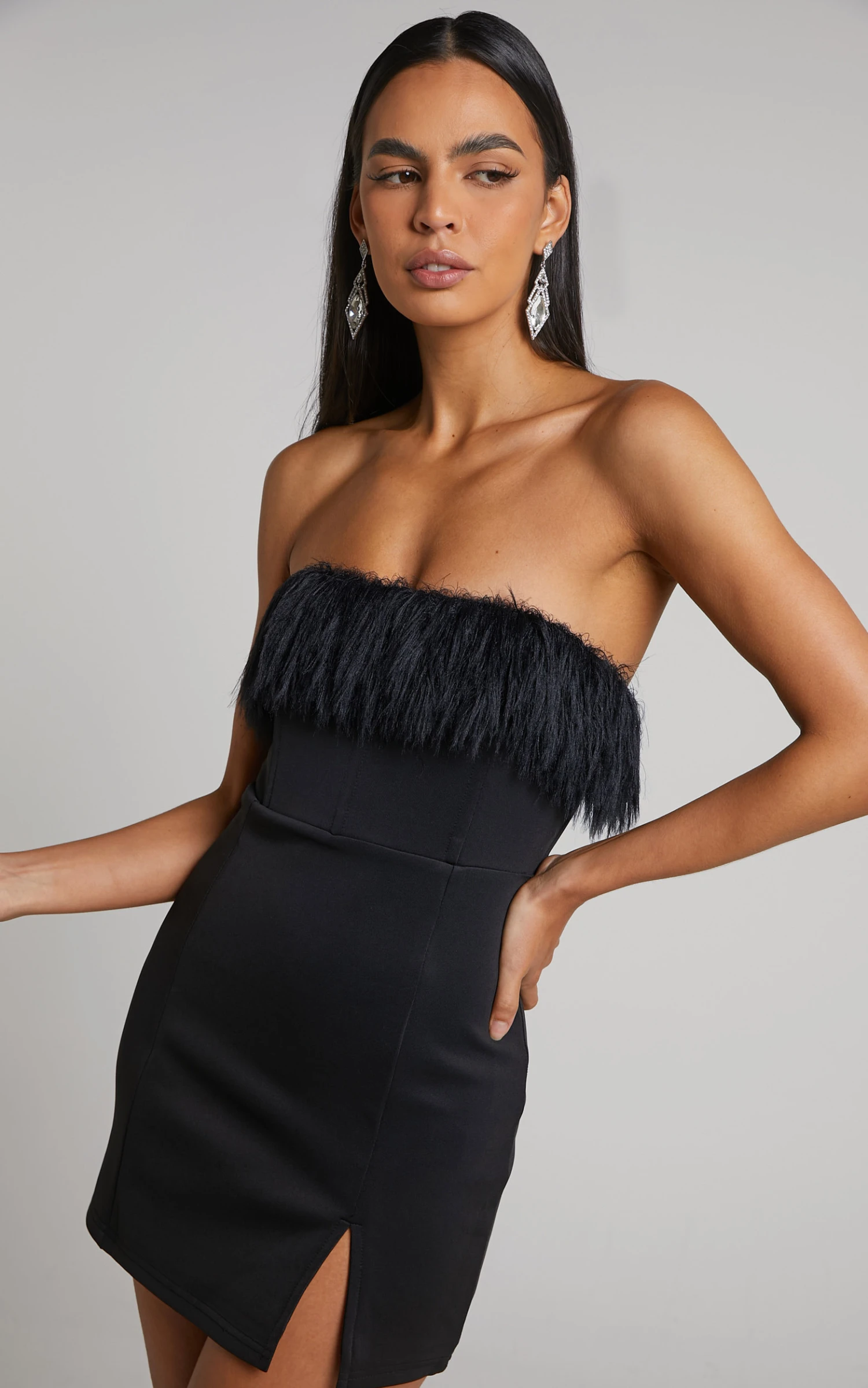 Showpo Rhaiza Mini Dress - Faux Feather Trim Strapless Dress In Black 6 Showpo Rhaiza Mini Dress - Faux Feather Trim Strapless Dress In Black - Image 6