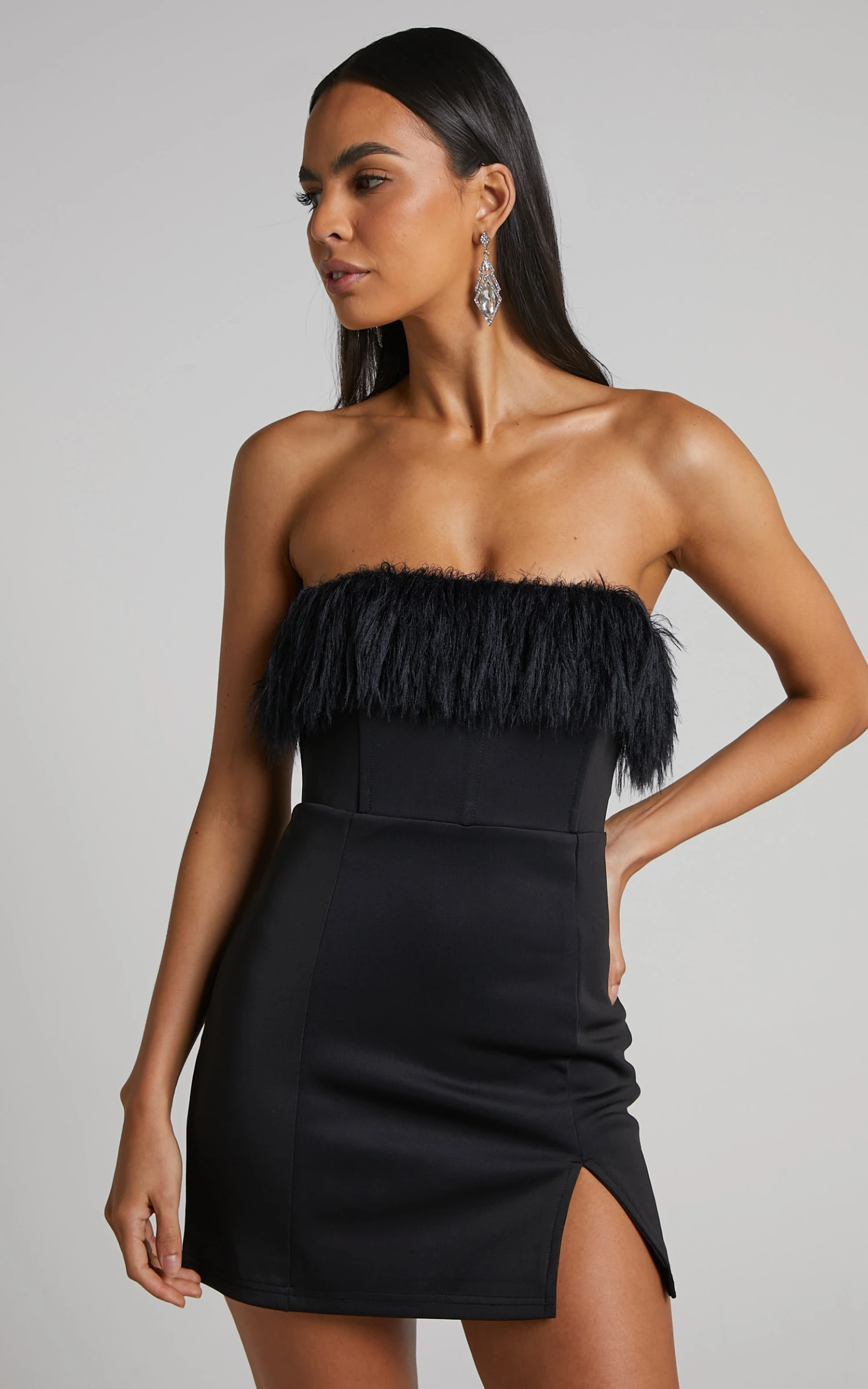 Showpo Rhaiza Mini Dress - Faux Feather Trim Strapless Dress In Black 2 Showpo Rhaiza Mini Dress - Faux Feather Trim Strapless Dress In Black - Image 2