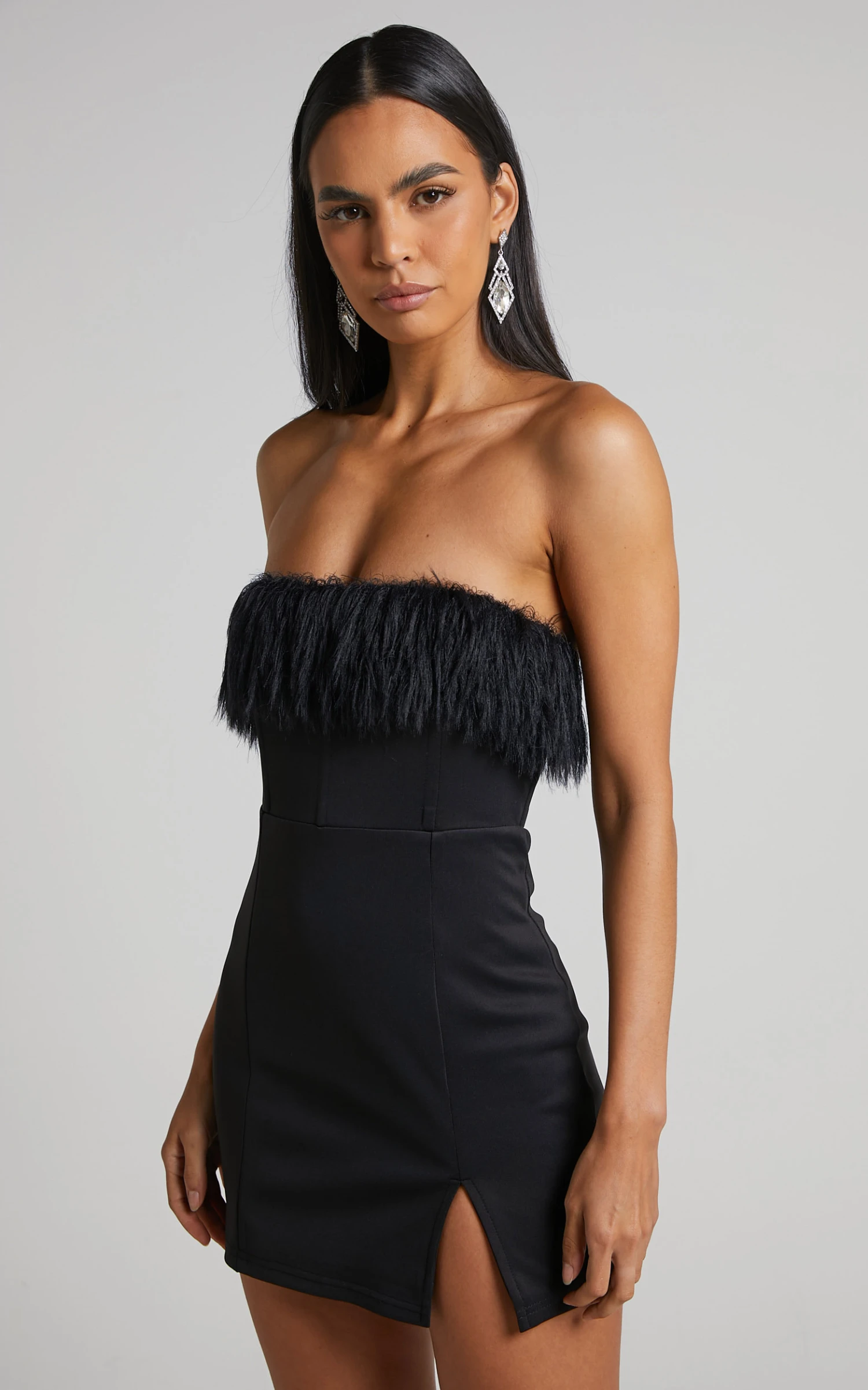 Showpo Rhaiza Mini Dress - Faux Feather Trim Strapless Dress In Black 5 Showpo Rhaiza Mini Dress - Faux Feather Trim Strapless Dress In Black - Image 5
