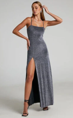 Showpo Rheannon Split Mesh Maxi Dress In Gunmetal Lurex