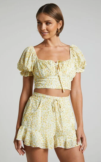 Showpo Rhenzy Top - Tie Front Puff Sleeve Crop Top In Sunshine Ditzy 1 Showpo Rhenzy Top - Tie Front Puff Sleeve Crop Top In Sunshine Ditzy