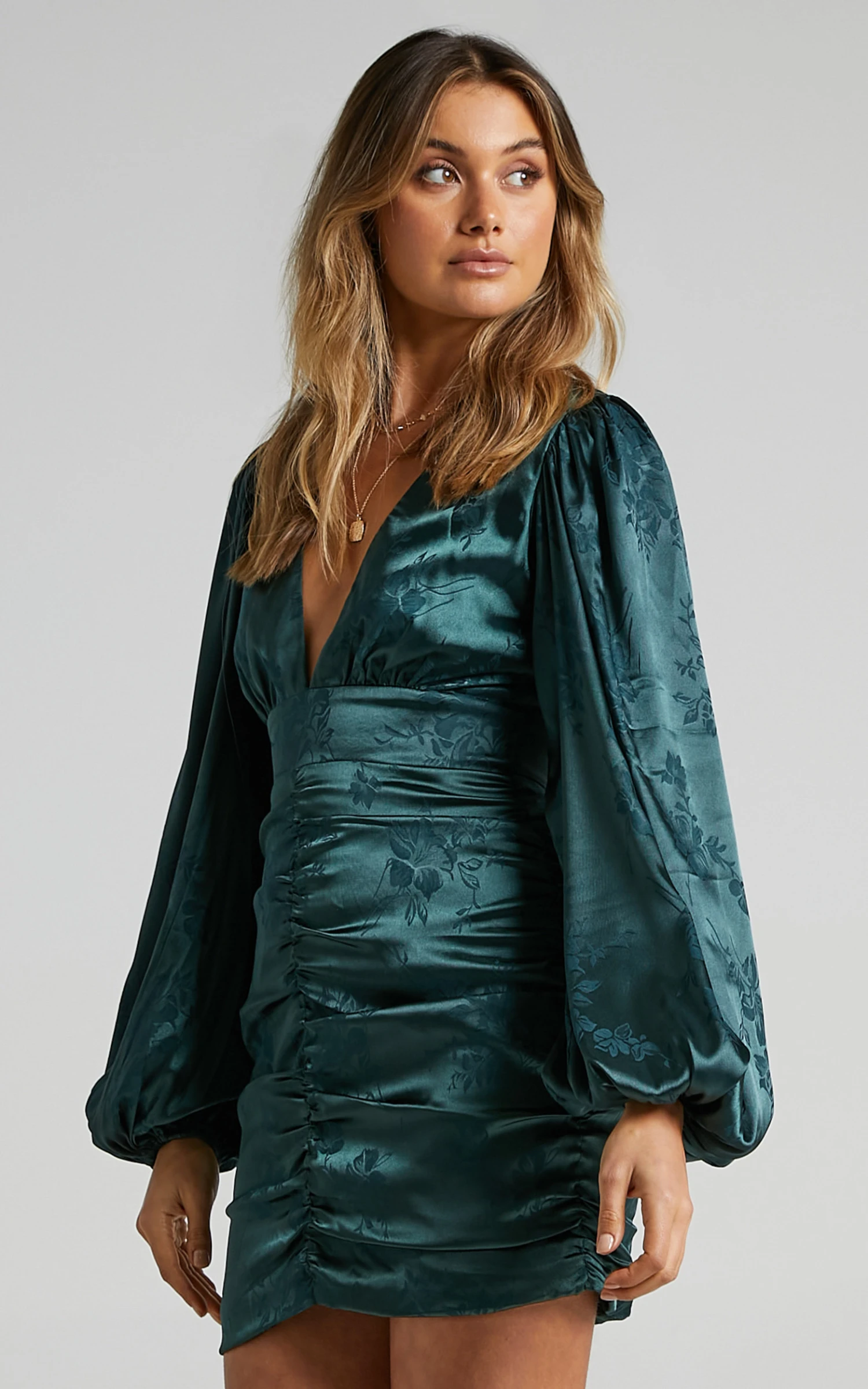 Showpo Richmond Long Sleeve Ruched Mini Dress In Emerald 6 Showpo Richmond Long Sleeve Ruched Mini Dress In Emerald - Image 6