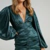 Showpo Richmond Long Sleeve Ruched Mini Dress In Emerald