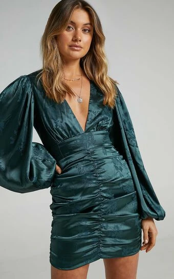 Showpo Richmond Long Sleeve Ruched Mini Dress In Emerald 1 Showpo Richmond Long Sleeve Ruched Mini Dress In Emerald