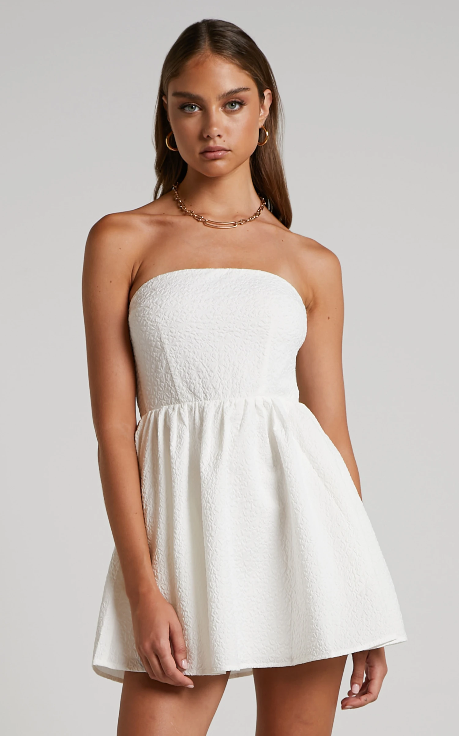 Showpo Rikardy Mini Dress - Strapless Fit And Flare Dress In White Floral Texture 4 Showpo Rikardy Mini Dress - Strapless Fit And Flare Dress In White Floral Texture - Image 4