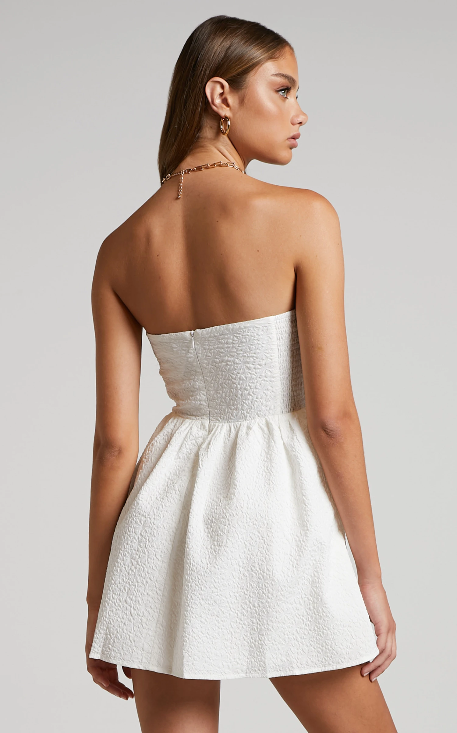 Showpo Rikardy Mini Dress - Strapless Fit And Flare Dress In White Floral Texture 7 Showpo Rikardy Mini Dress - Strapless Fit And Flare Dress In White Floral Texture - Image 7