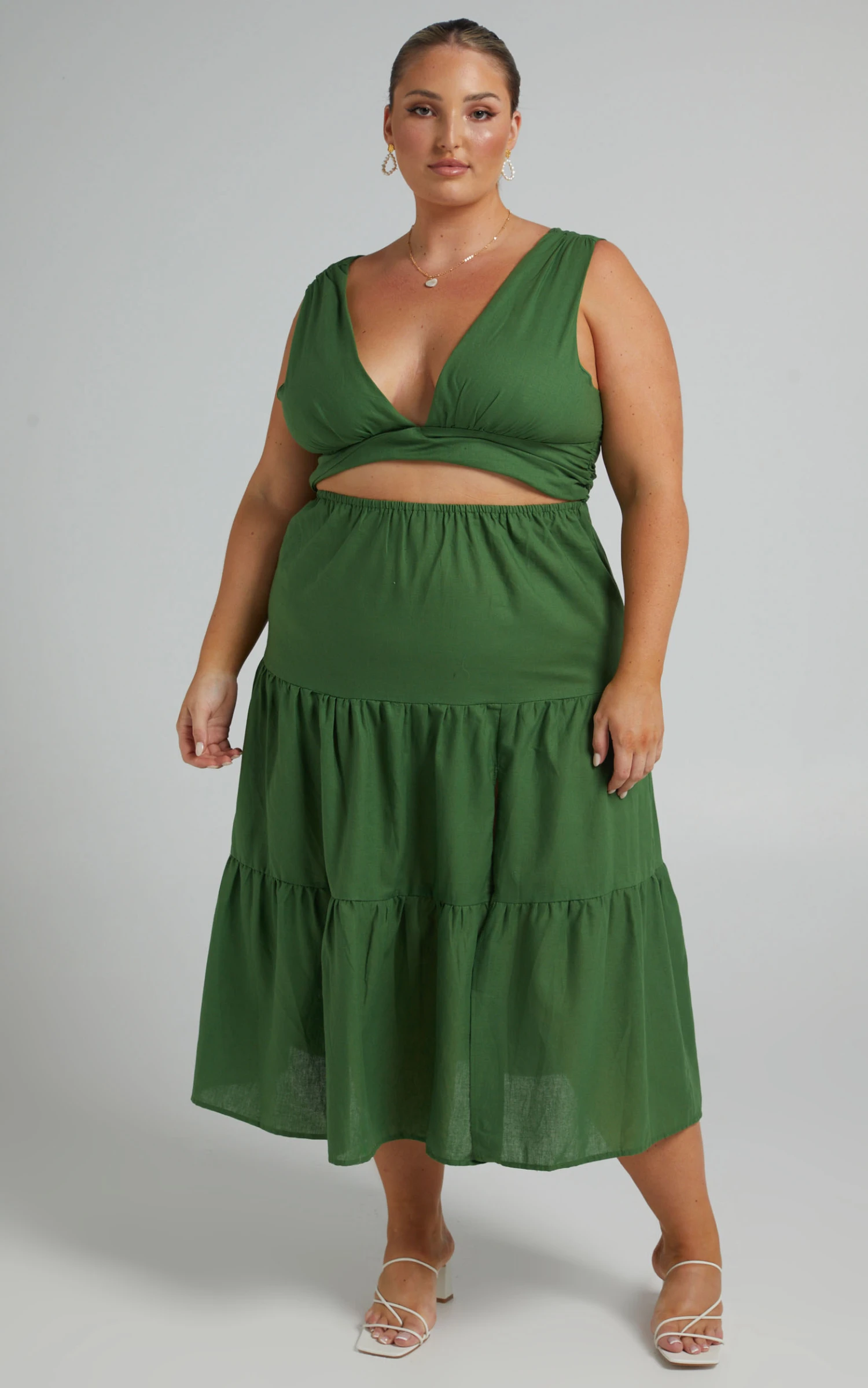 Showpo Spencer V Neck Cut Out Tiered Midi Dress In Green 5 Showpo Spencer V Neck Cut Out Tiered Midi Dress In Green - Image 5