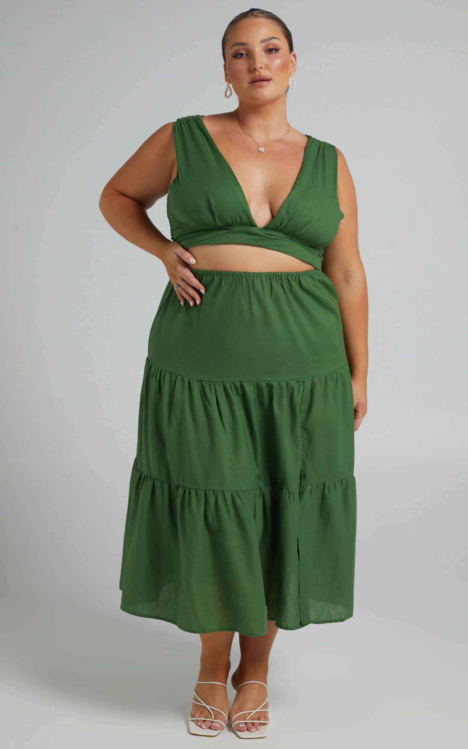 Showpo Spencer V Neck Cut Out Tiered Midi Dress In Green 3 Showpo Spencer V Neck Cut Out Tiered Midi Dress In Green - Image 3