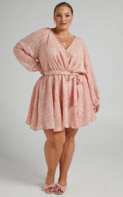 Showpo Raven Long Sleeve Mini Dress With Belt In Pink Floral -Showpo Women's Clothing Store Riley x Lucy x Anthony 10.11.2136330