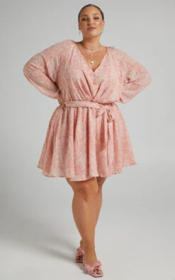 Showpo Raven Long Sleeve Mini Dress With Belt In Pink Floral -Showpo Women's Clothing Store Riley x Lucy x Anthony 10.11.2136333