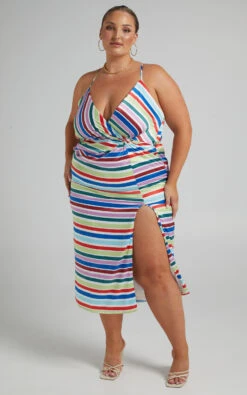 Showpo Fhel Strappy Twist Front Midi Dress In Multi Stripe Satin -Showpo Women's Clothing Store Riley x Lucy x Anthony 10.11.2137571